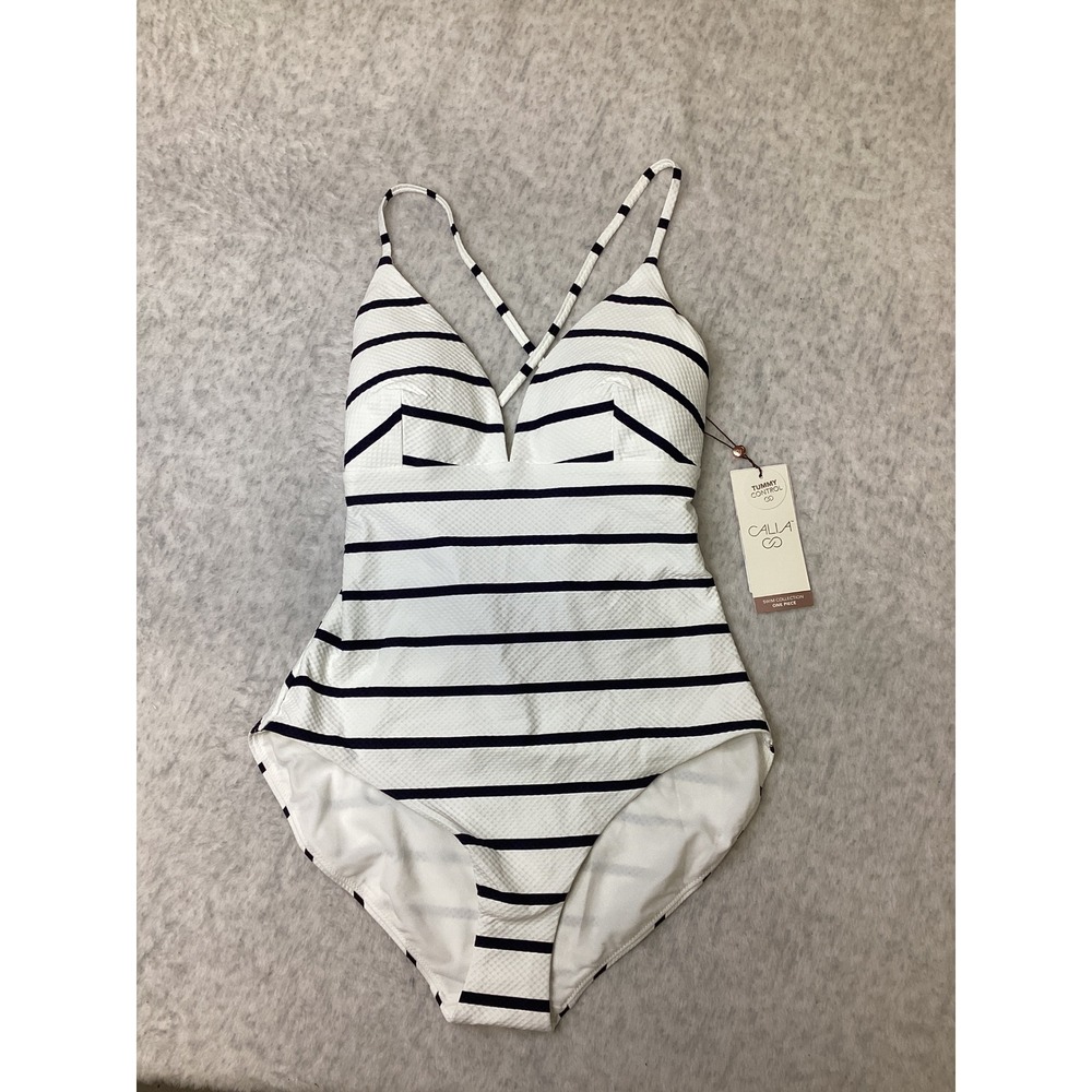 Calia Triangle Strappy Back One Piece Swimsuit White Blue Stripe Mesh Size 4